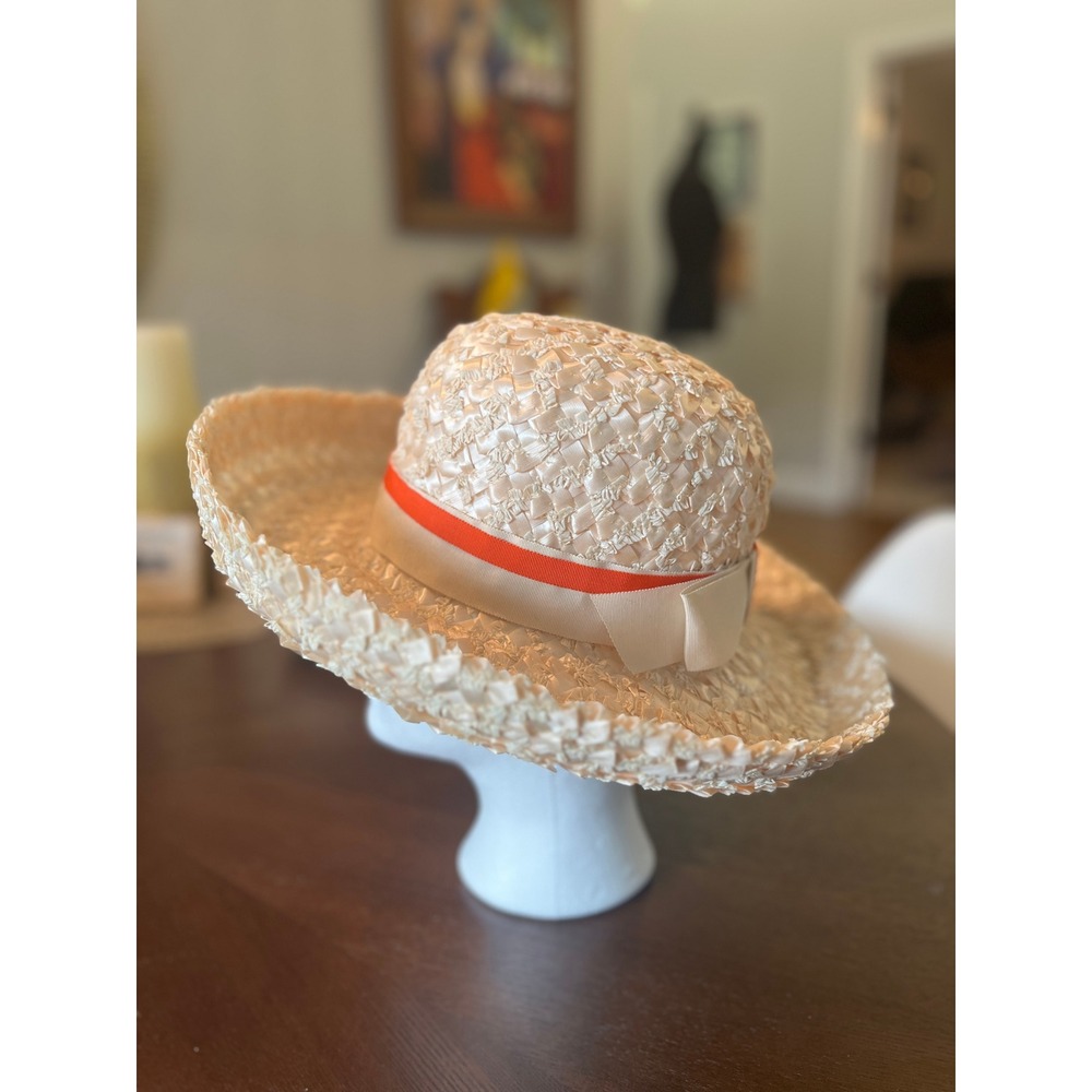 Belks Straw Sun Hat Womens 22 Cream Excellent Vintage 60s Wide Brim Ribbon Box